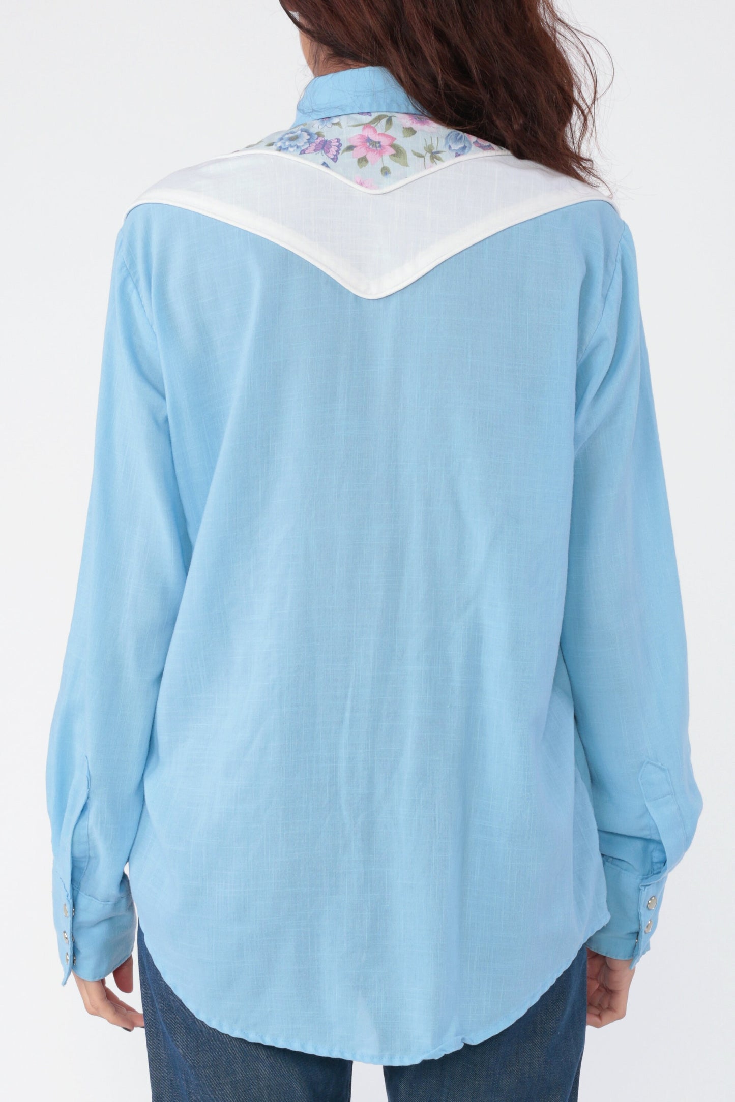 80s Western Butterfly Pearl Snap Blouse Baby Blue Long Sleeve Large