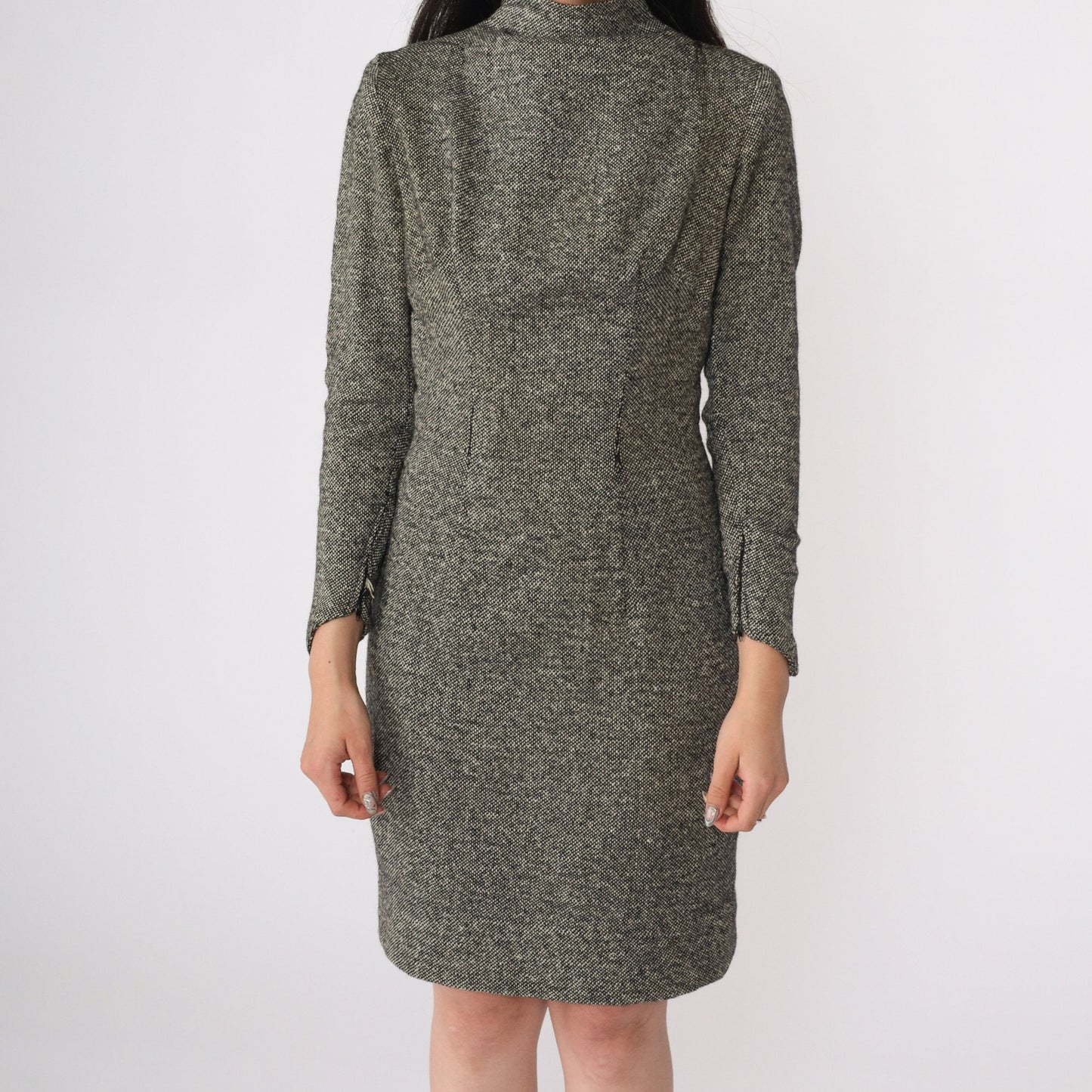 1960s S Eisenberg Wool Dress Black White Flecked Mock Neck Long Sleeve Small