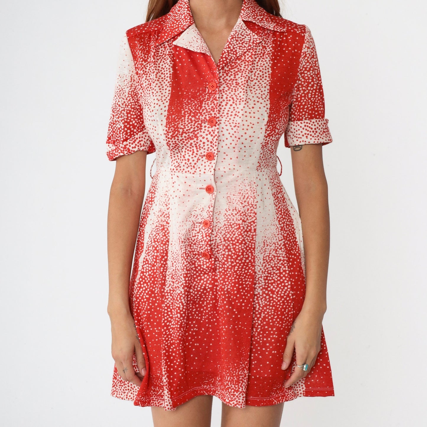 70s Red White Polka Dot Mini Shirtdress High Waisted Button Front Small