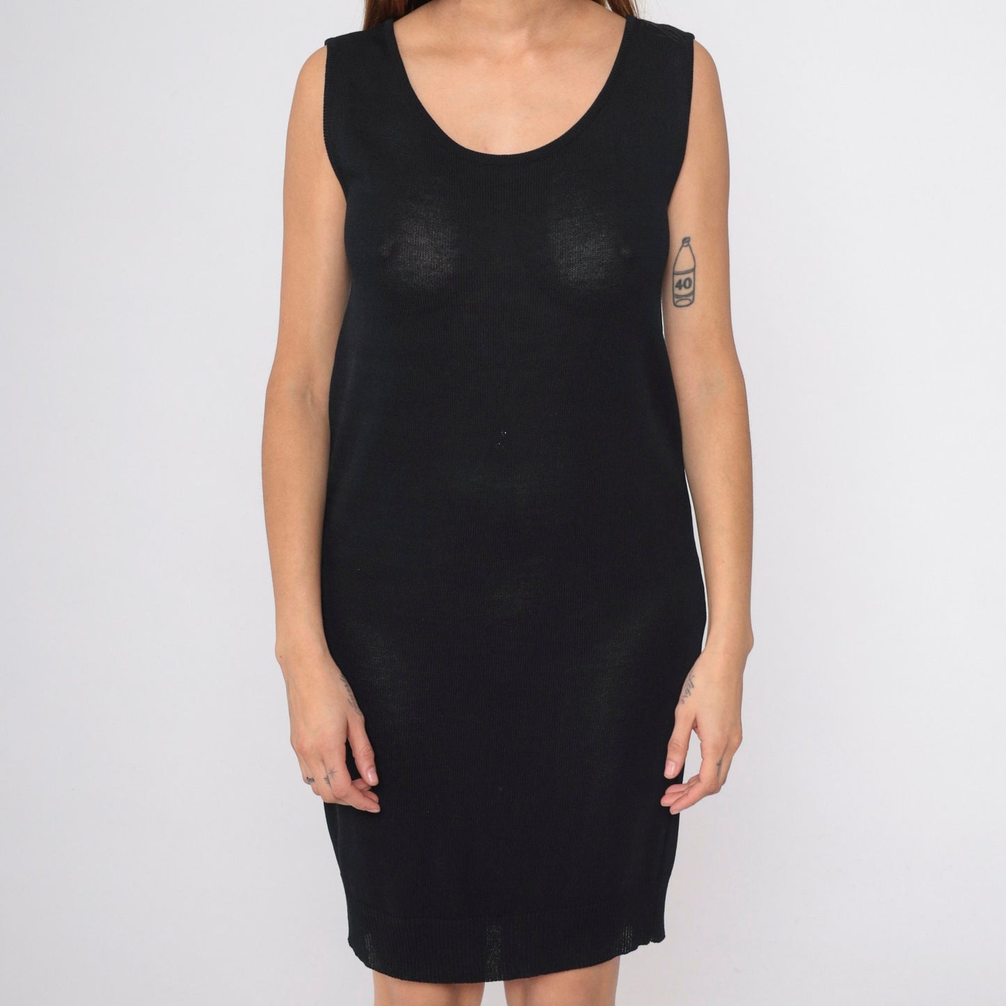 90s Donna Karan Black Knit Mini Dress Semi-Sheer Sleeveless Shift Medium