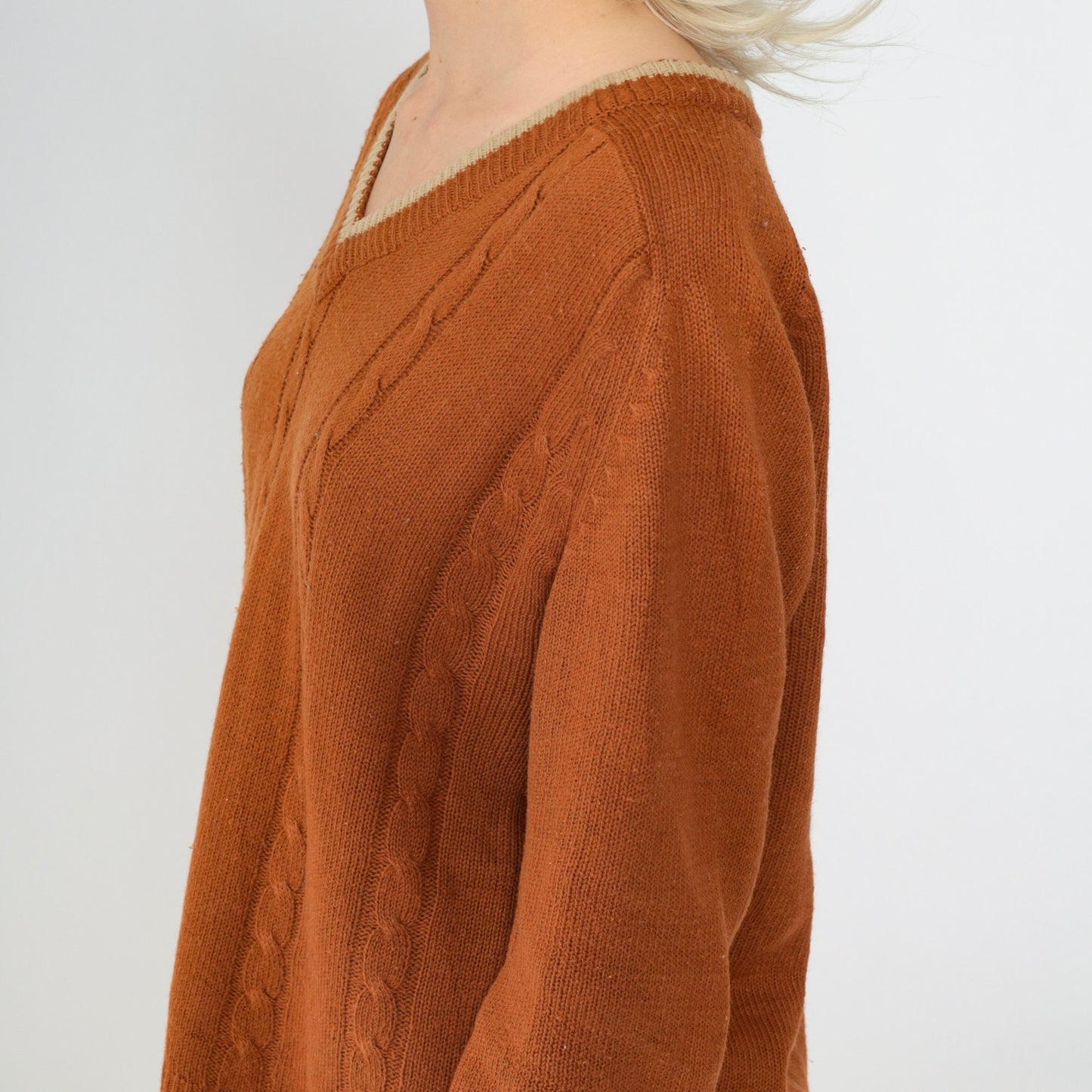 70s Van Cortt Cable Knit V-Neck Sweater Burnt Orange Pullover Large