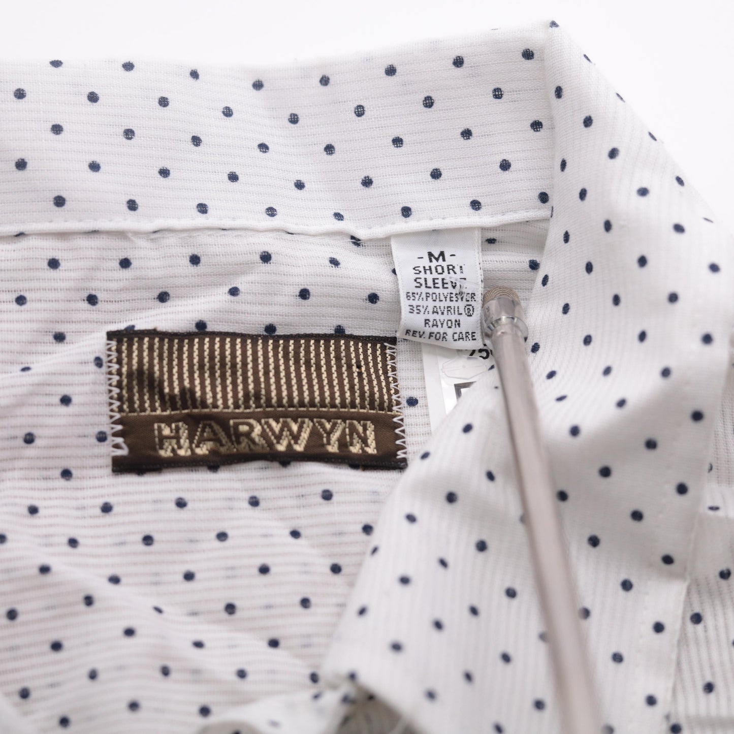 70s Polka Dot Button Up Shirt White Blue Short Sleeve Mens Medium