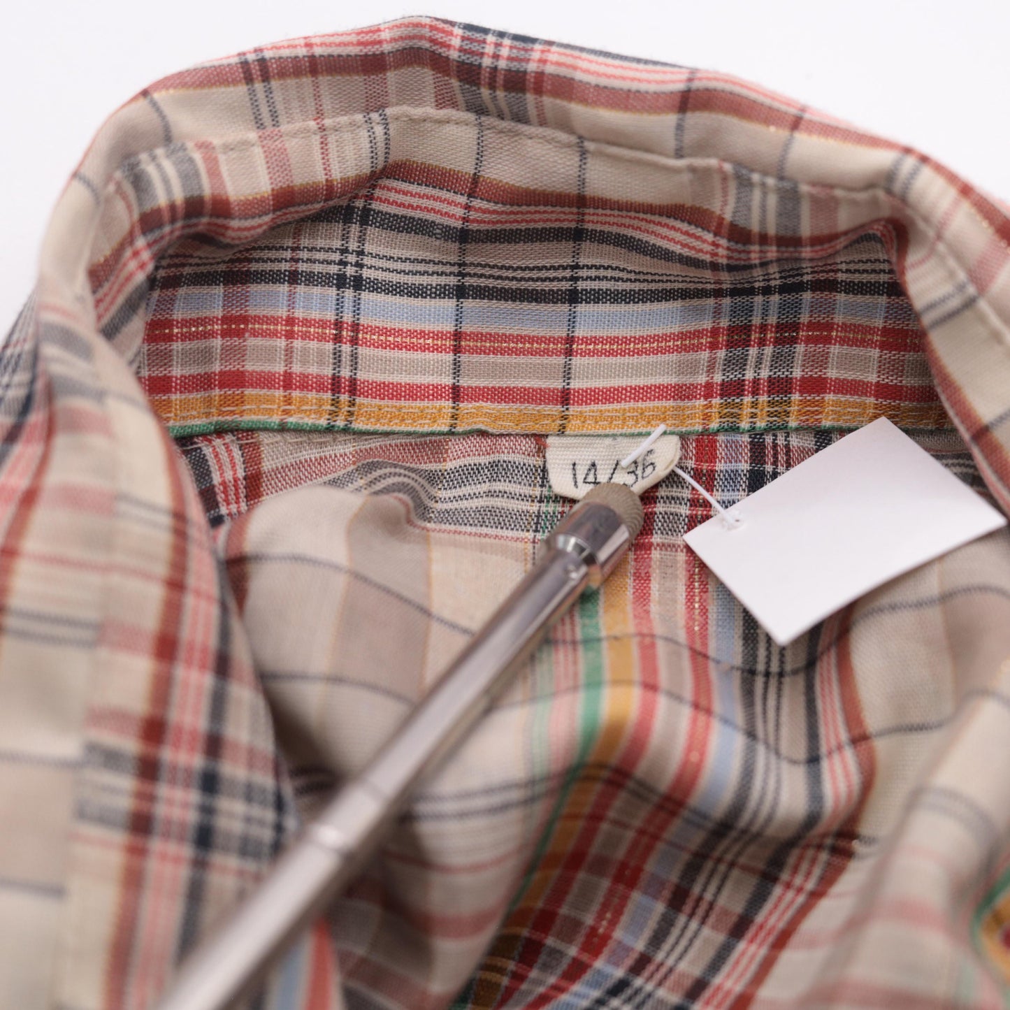 70s Western Pearl Snap Shirt Metallic Plaid Tan Red Green Navy Small