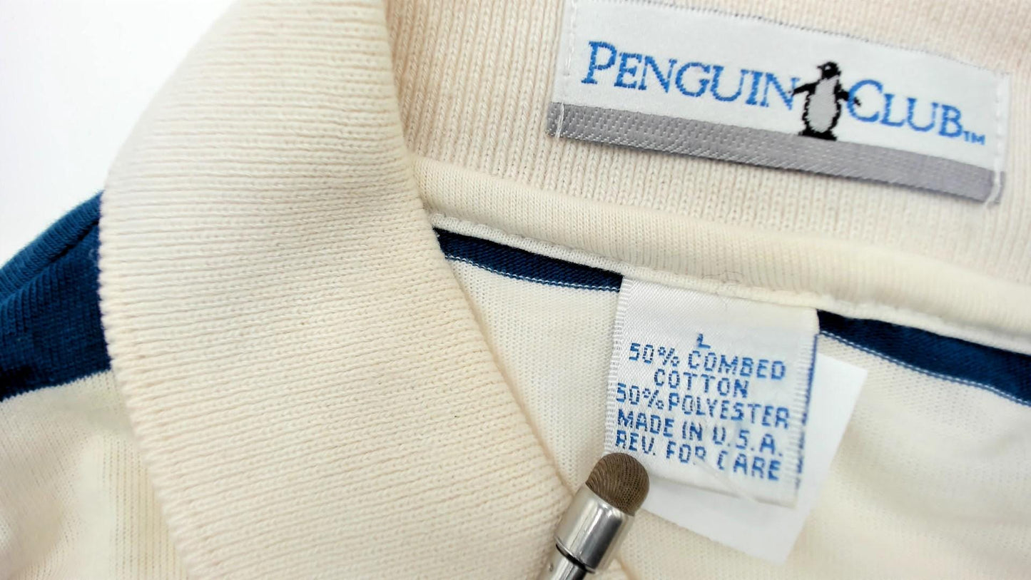 90s Penguin Club Striped Polo Shirt White Blue Purple Men's Large