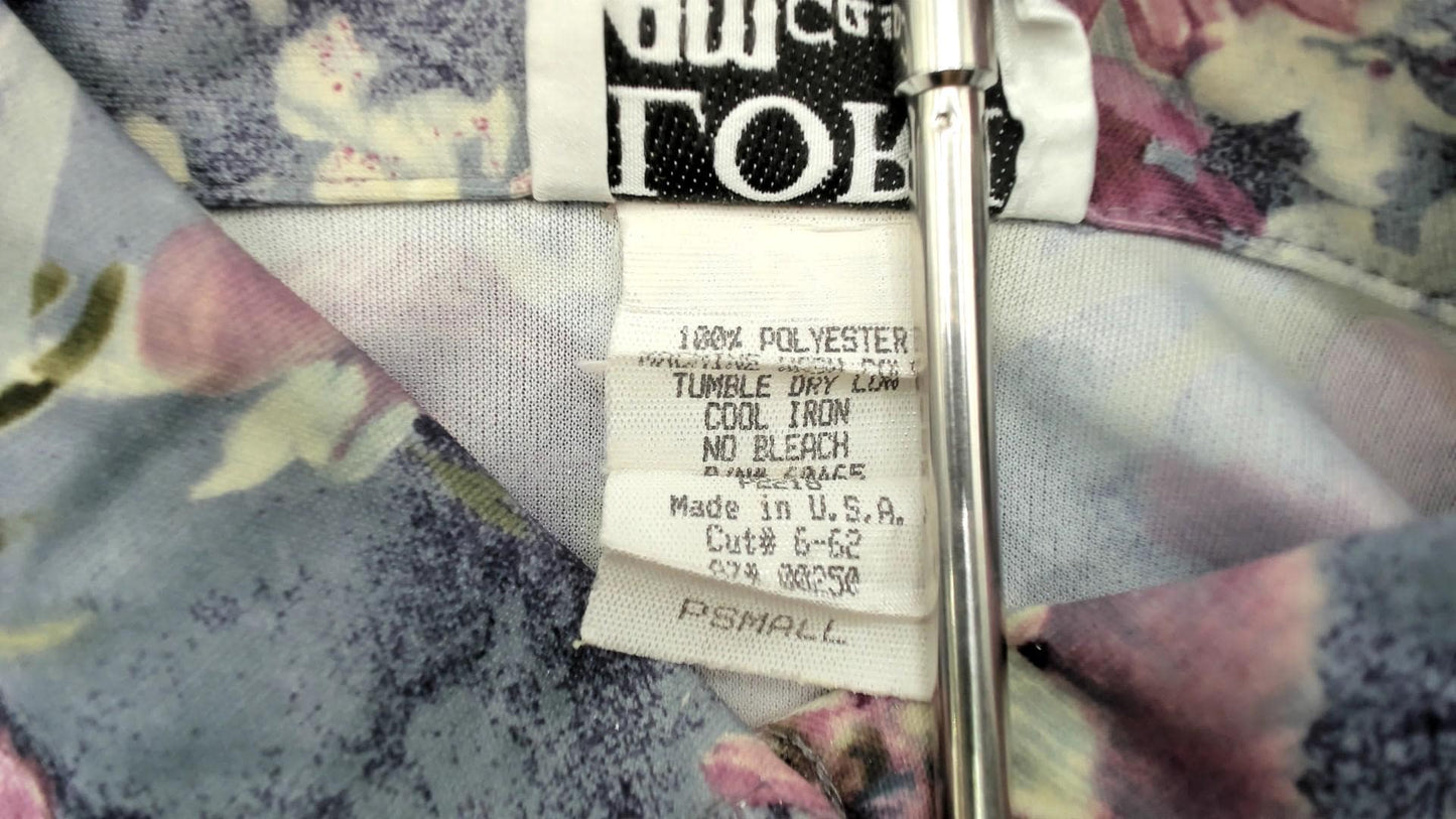 70s Lori Watercolor Floral Button Blouse Purple Pink Long Sleeve Small
