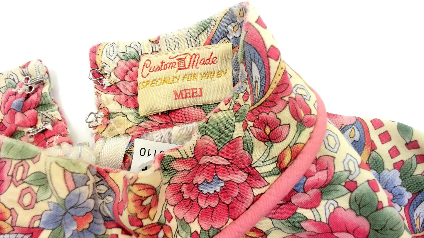 70s Floral Paisley Print Mock Neck Midi Dress A-Line Cotton Extra Small XS