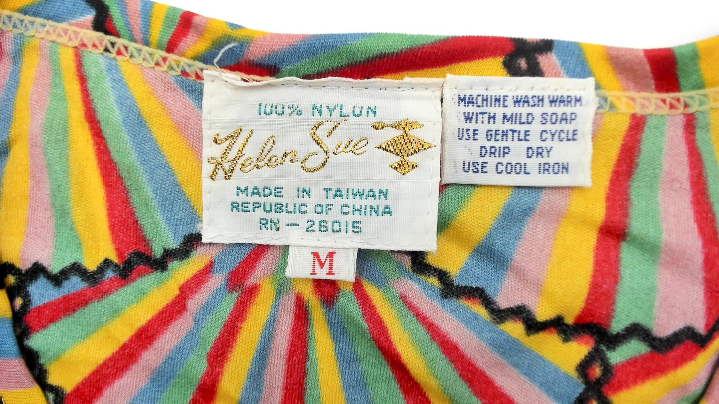 70s Helen Sue Rainbow Geometric Fan Print Nylon Tee Crew Neck Medium