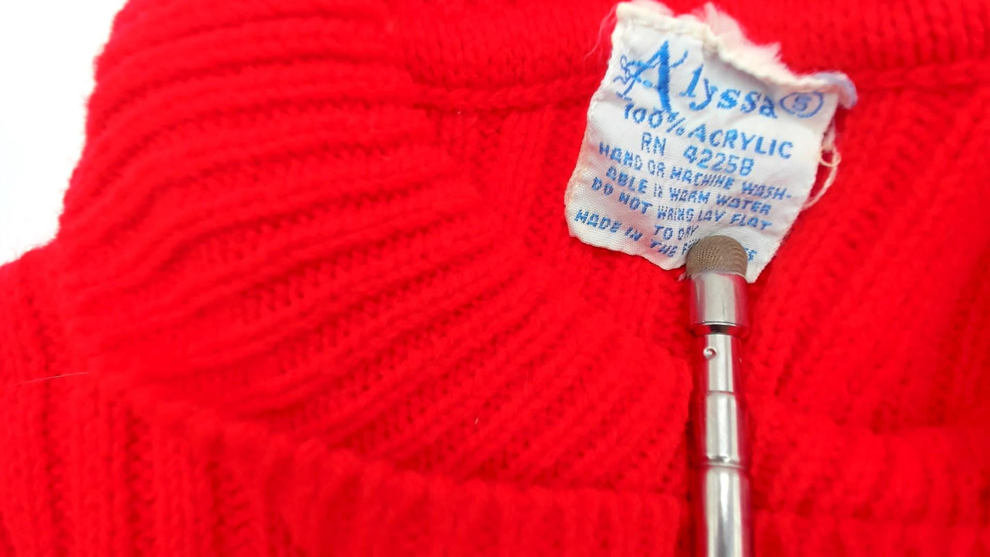 70s Red Ribbed Knit Crop Sweater Mock Neck Three Quarter Sleeve Small