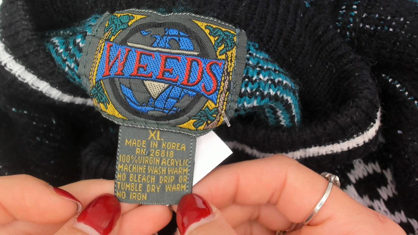 80s Weeds Tribal Geometric Sweater Black Teal Purple Crew Neck Extra Large