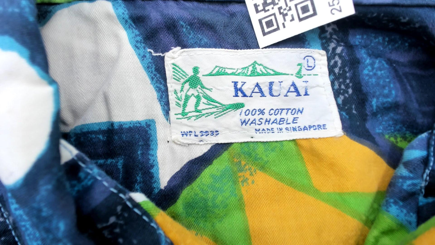70s Hawaiian Shirt Geometric Abstract Print Button Front Cotton Blue Green Large