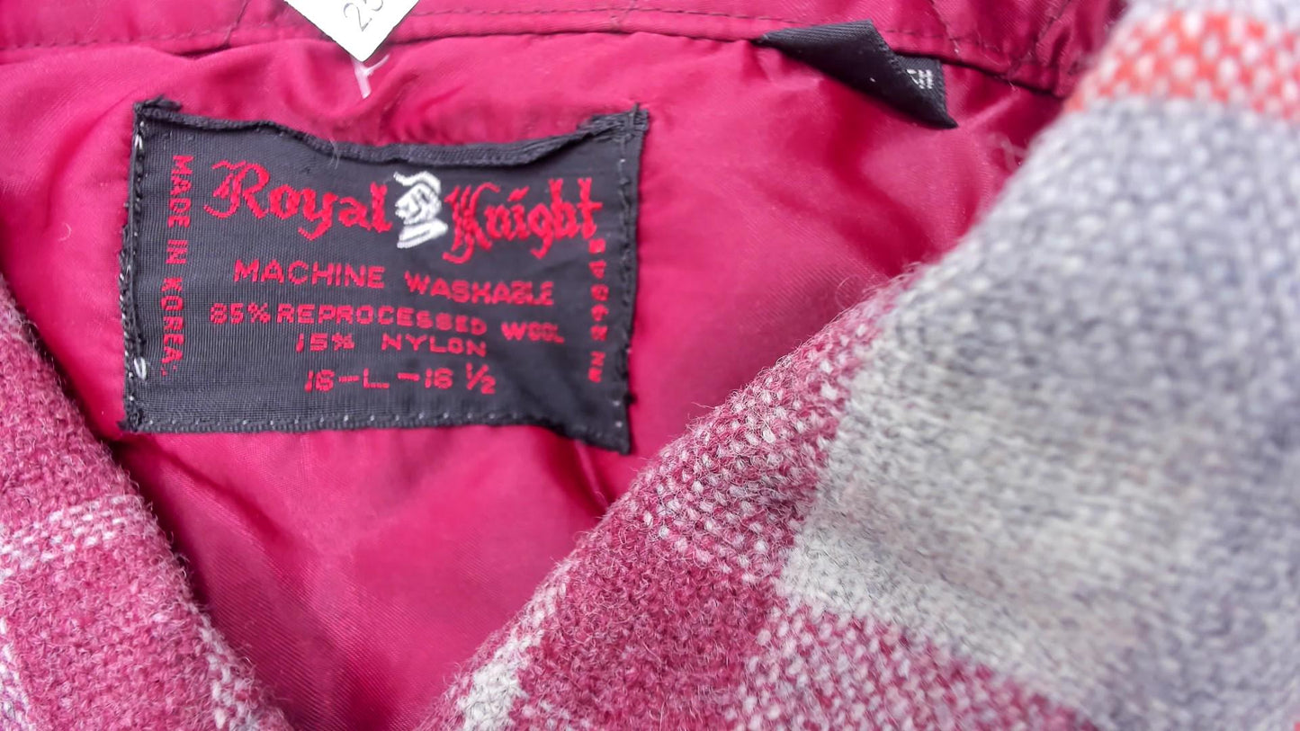70s Royal Knight Wool Plaid Flannel Shirt Burgundy Grey Chest Pockets Extra Large