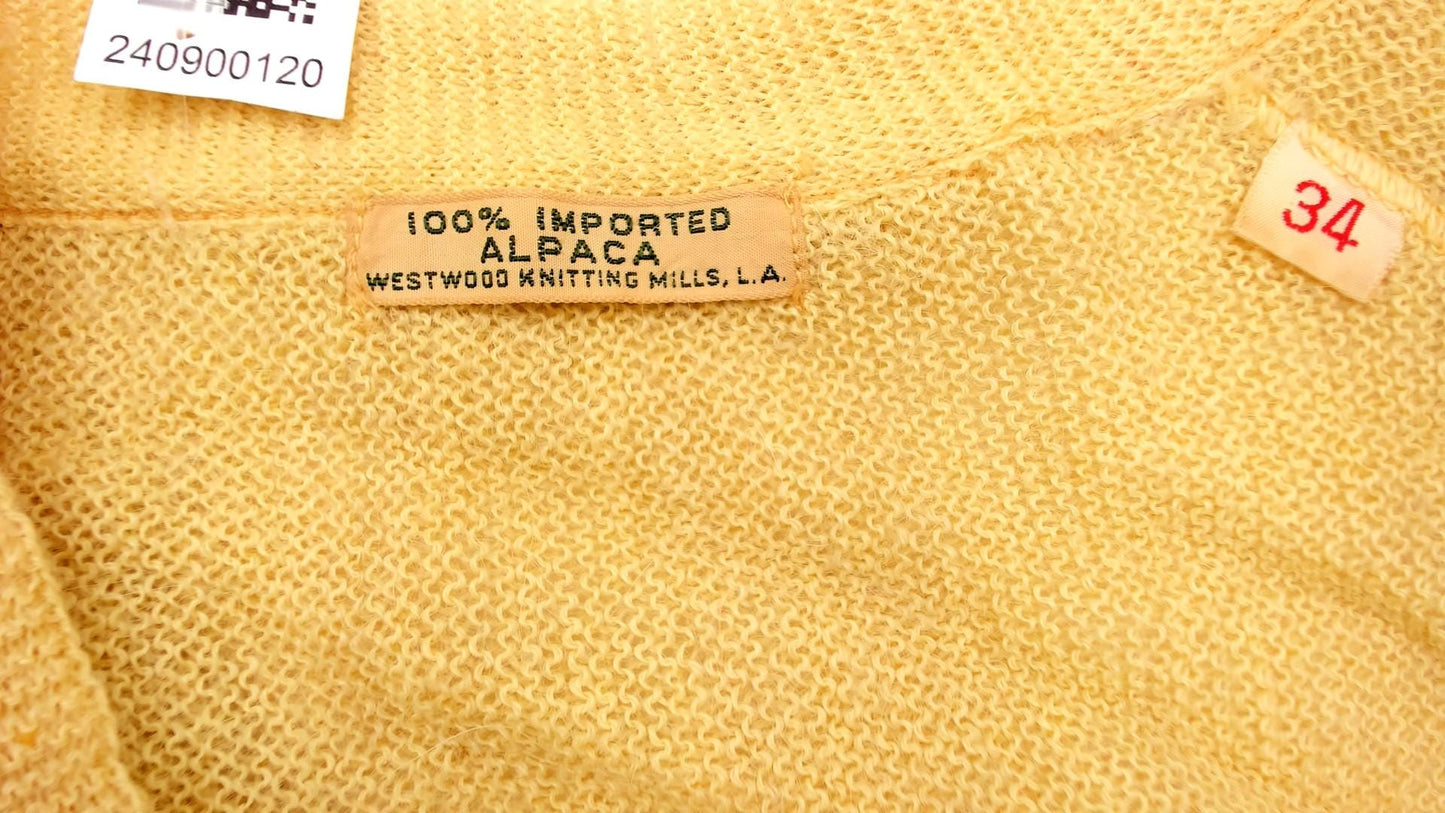 70s Wool Cardigan Pale Yellow Ribbed Knit Open Front Small S