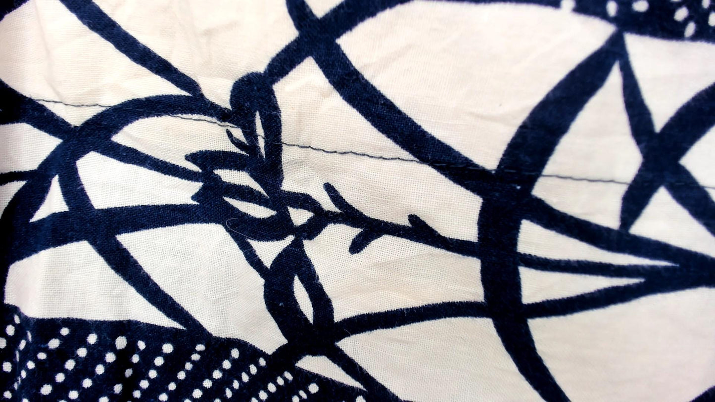 70s Navy Blue White Geometric Kimono Robe Maxi Cotton Wrap Large L