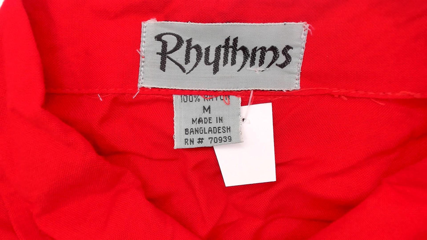 90s Rhythms Red Rayon Button-Up Shirt Pointed Collar Short Sleeve Medium M