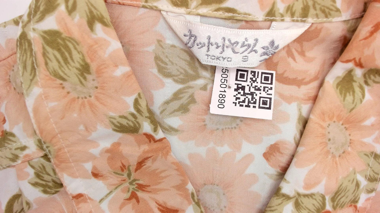 80s Floral Button-Front Blouse Peach Rose Print Cream Notched Collar Medium