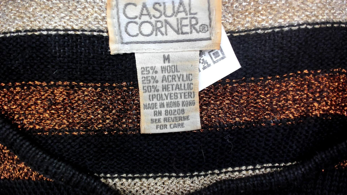 80s Casual Corner Metallic Striped Wool Sweater Black Cream Copper Medium