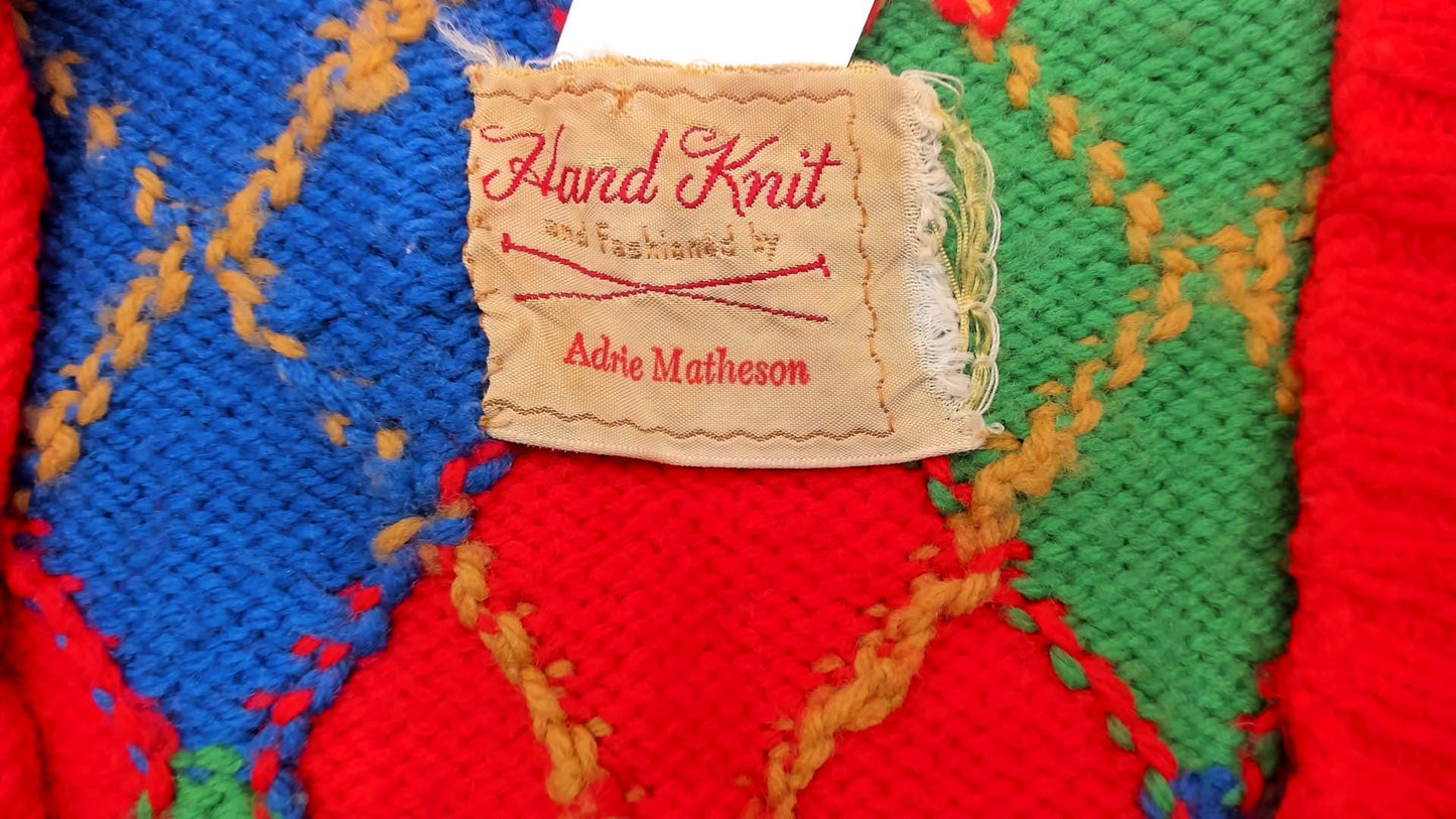 80s Adrie Matheson Hand Knit Argyle Vest V-Neck Multicolor Diamond Medium