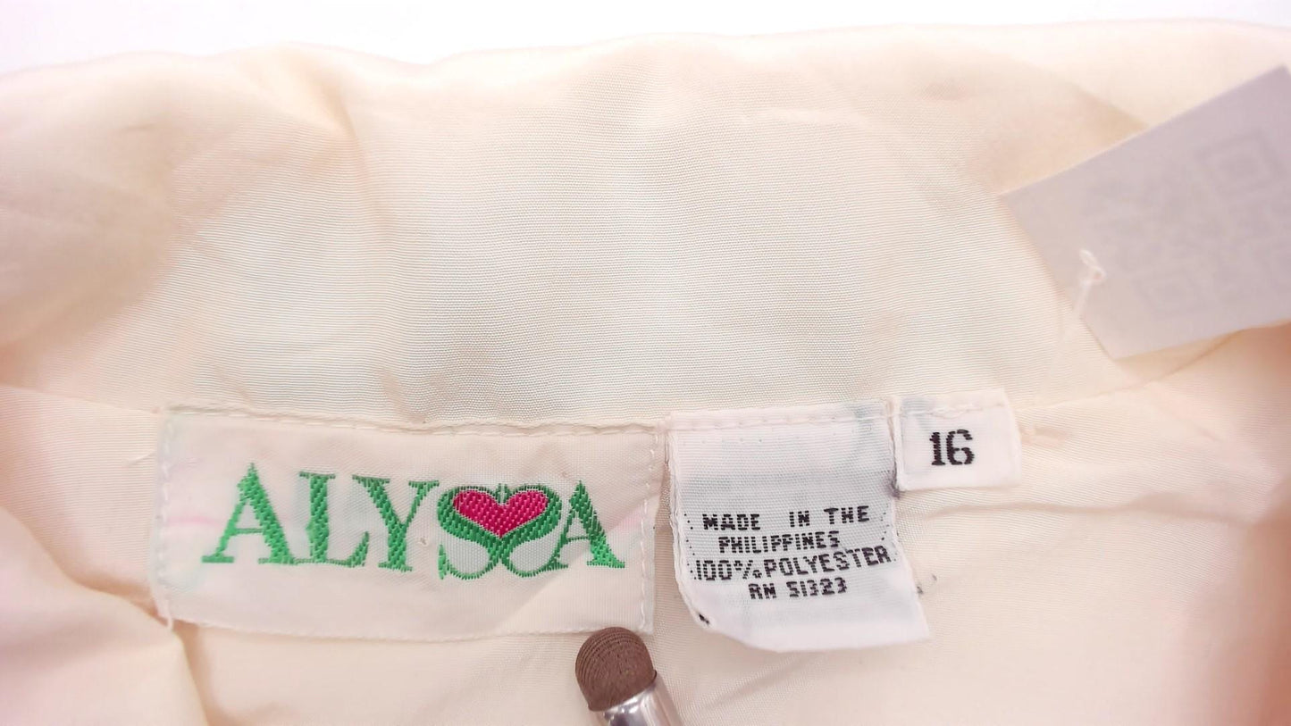 90s Alyssa Cream Button-Front Blouse Notched Collar Long Sleeve Large