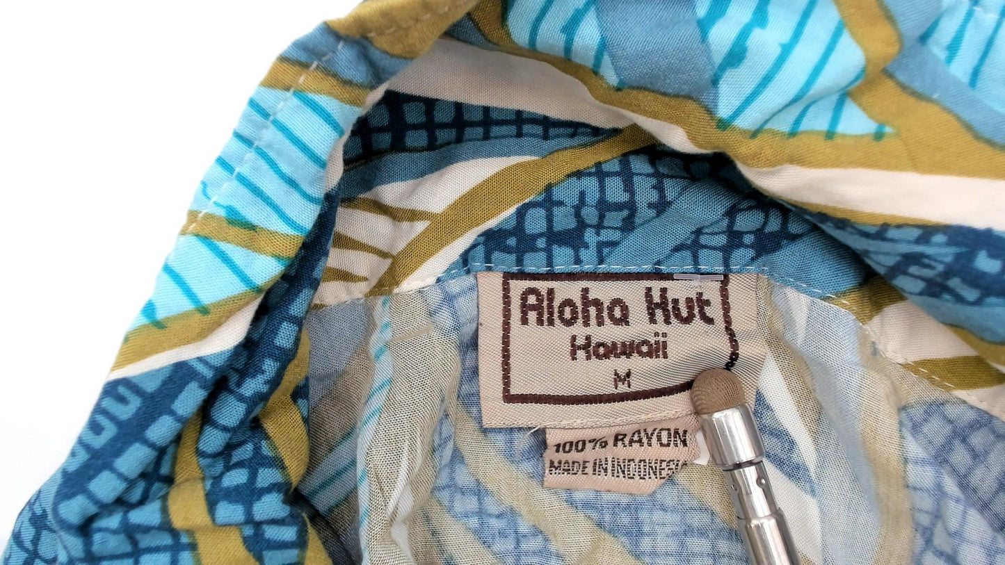 Y2K Hawaiian Shirt Aloha Hut Turquoise Palm Leaf Print Medium M