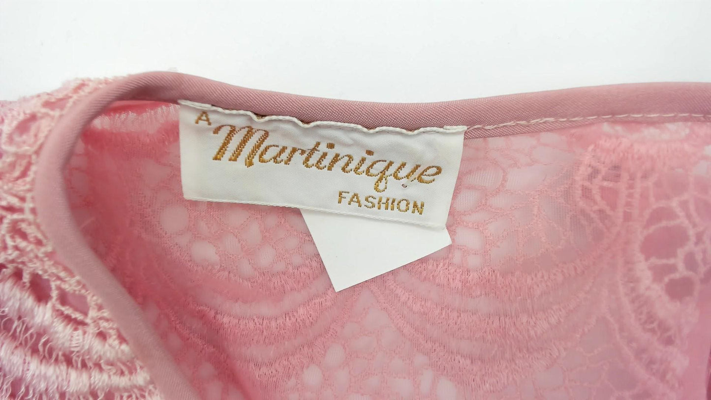 80s Martinique Pink Lace Maxi Dress Scalloped Short Sleeve Small