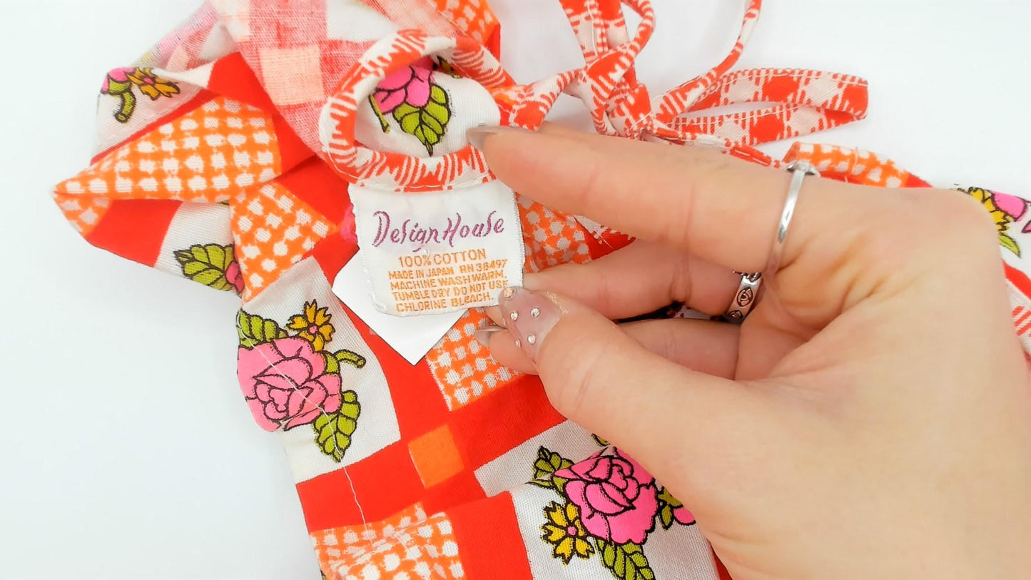 70s Design House Gingham Floral Maxi Dress Red White Pinafore Apron Small