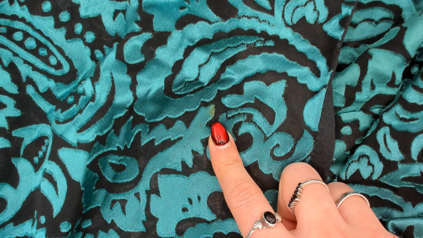 90s Turquoise Paisley Velvet Cardigan Black Trim Short Sleeve Open Front Medium M