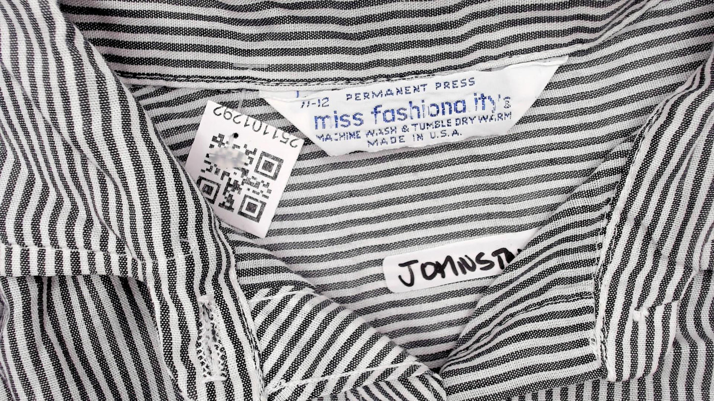 80s Miss Fashionality Blue White Striped Button Blouse Bow Tie Collar Large
