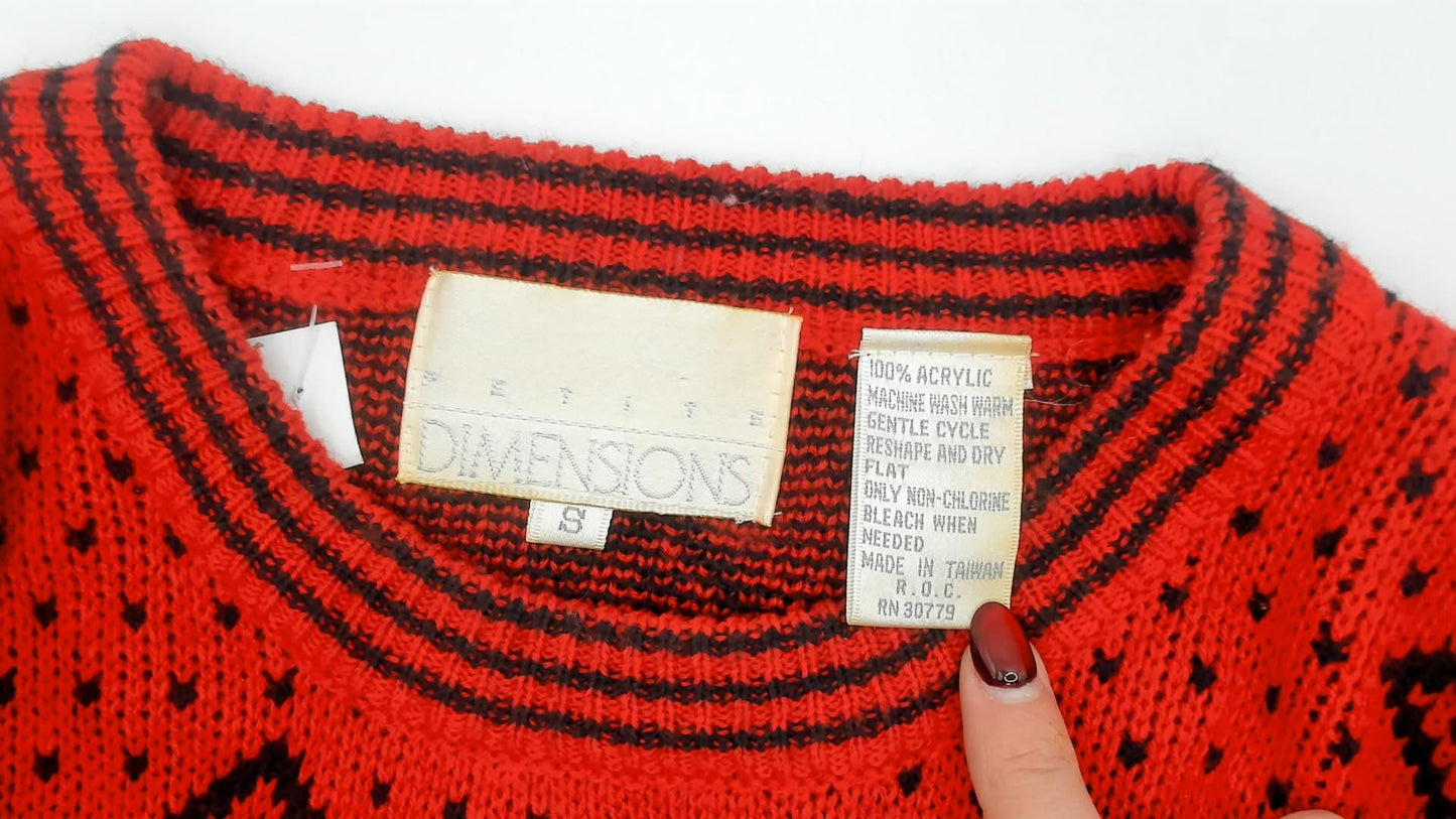 80s Red Geometric Diamond Sweater Black Dot Crew Neck Knit Small S