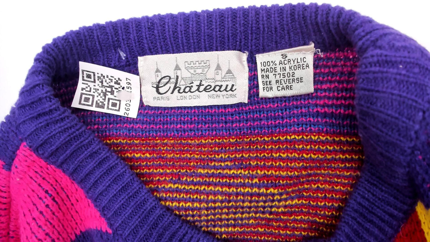 90s Chateau Geometric Colorblock Knit Sweater Purple Pink Yellow Small S