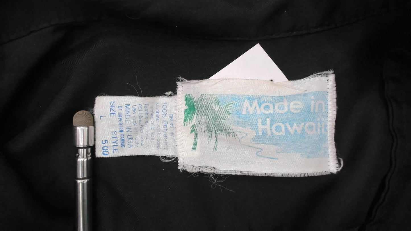 80s Made In Hawaii Hawaiian Shirt Black Hibiscus Floral Camp Collar Large