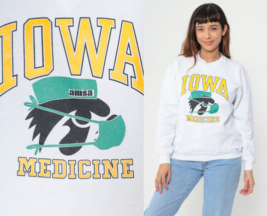 Iowa Medicine Sweatshirt Russell Athletic 90s University College White Crew Neck Cotton Herky Mascot Vintage Medical School AMSA Medium M
