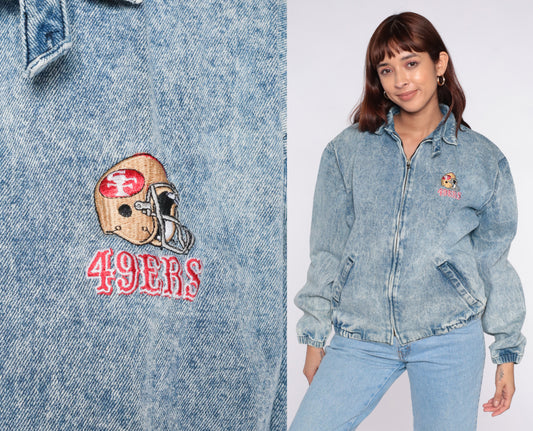 San Francisco 49ers Denim Jacket 80s Acid Wash Bomber Chalk Line Blue NFL Football Cotton Elastic Waist Vintage Sports Windbreaker Large L