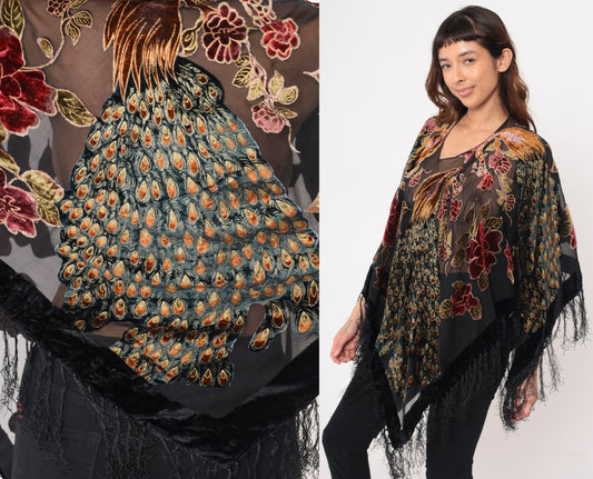 Silk Peacock Shawl Kimono Floral Embroidered Black Lace Fringe Sheer Open Front Velvet Bohemian Vintage Coverup Jacket Gold Large L