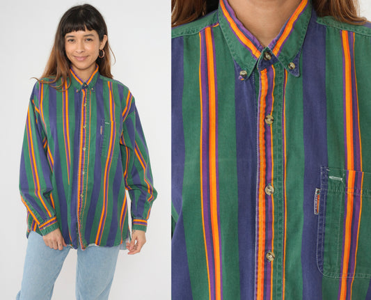 90s Green Striped Button Up Shirt Men's L