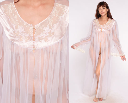 Pastel Sheer Robe 80s Duster Lace Trim Tie Front Coquette Fairycore Lingerie Coverup Nightgown Vintage Bridal Feminine Extra Large XL