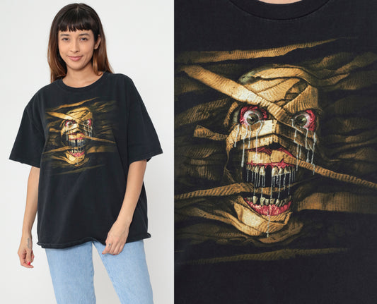 Halloween Horror Nights Tee Universal Studios 90s Graphic Black Mummy Skull Screen Print Cotton Short Sleeve 1999 Theme Park Extra Large XL