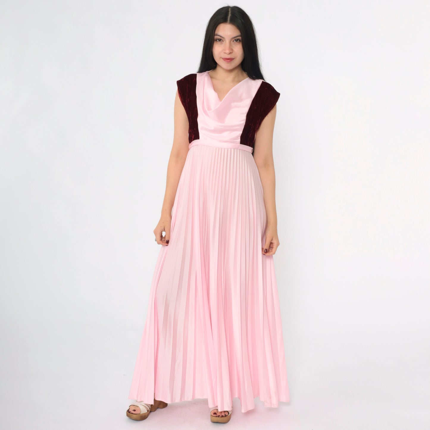 Vintage 70s Pink Velvet Trim Party Dress S