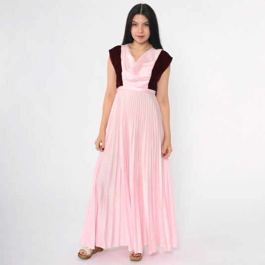 Vintage 70s Pink Velvet Trim Party Dress S