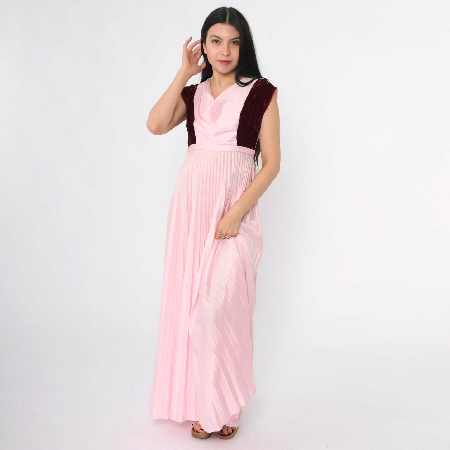 Vintage 70s Pink Velvet Trim Party Dress S
