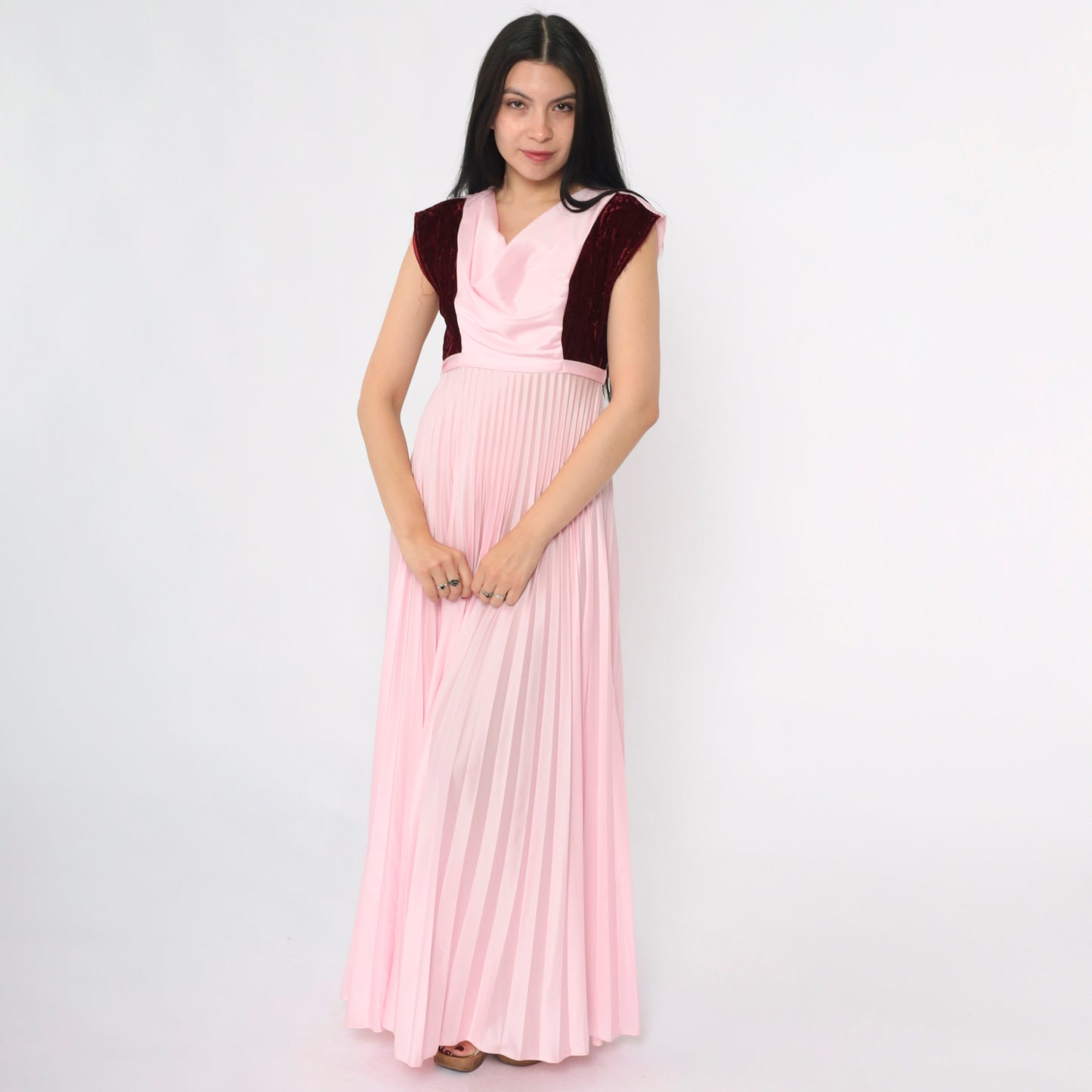 Vintage 70s Pink Velvet Trim Party Dress S