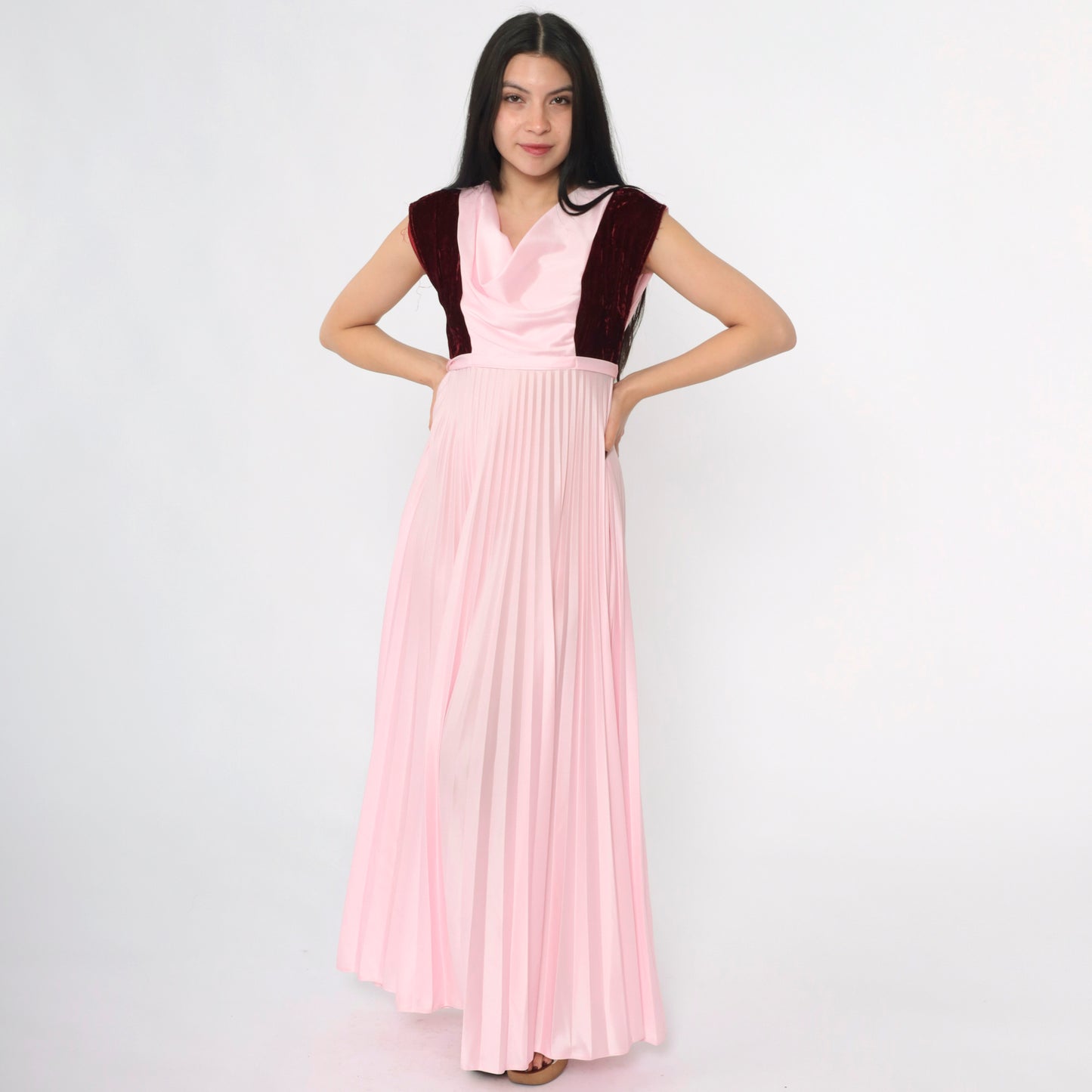 Vintage 70s Pink Velvet Trim Party Dress S