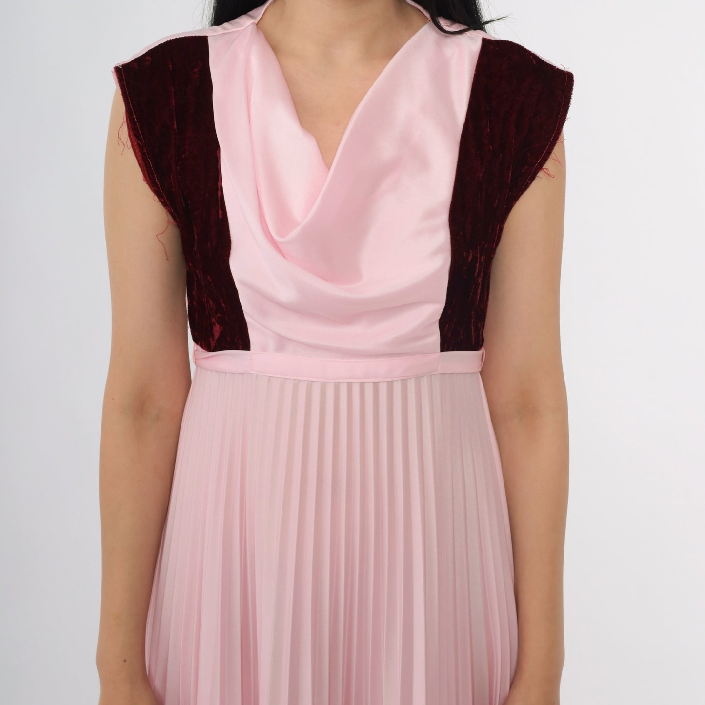 Vintage 70s Pink Velvet Trim Party Dress S