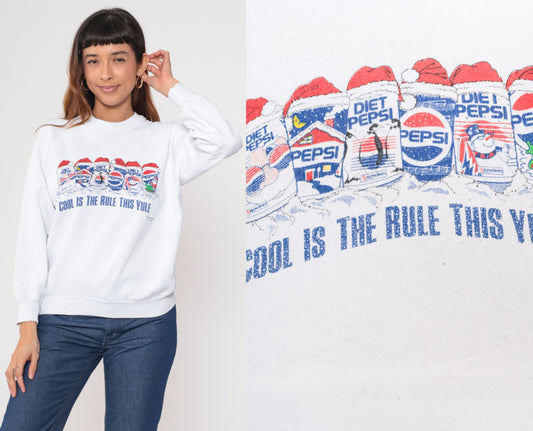 90s Pepsi Christmas Sweatshirt White Diet Pepsi Santa Holiday Crewneck Pullover Vintage Fruit Of The Loom Novelty Print Yule Large L