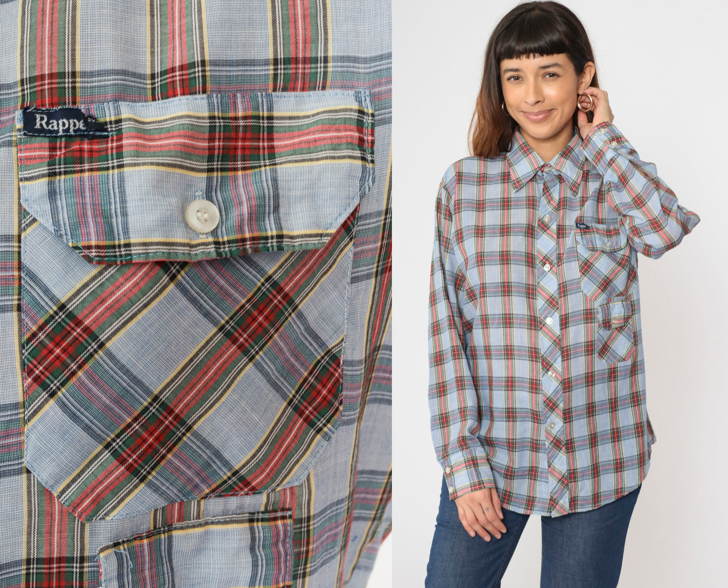 70s Light Blue Plaid Shirt Men's Medium 15-15 1/2