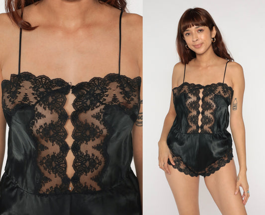 Black Lace Teddy 80s Romper Barbizon Lingerie Shorts Camisole Coquette Plunge Vintage Sleepwear Boudoir Pin Up One Piece Loungewear Medium M