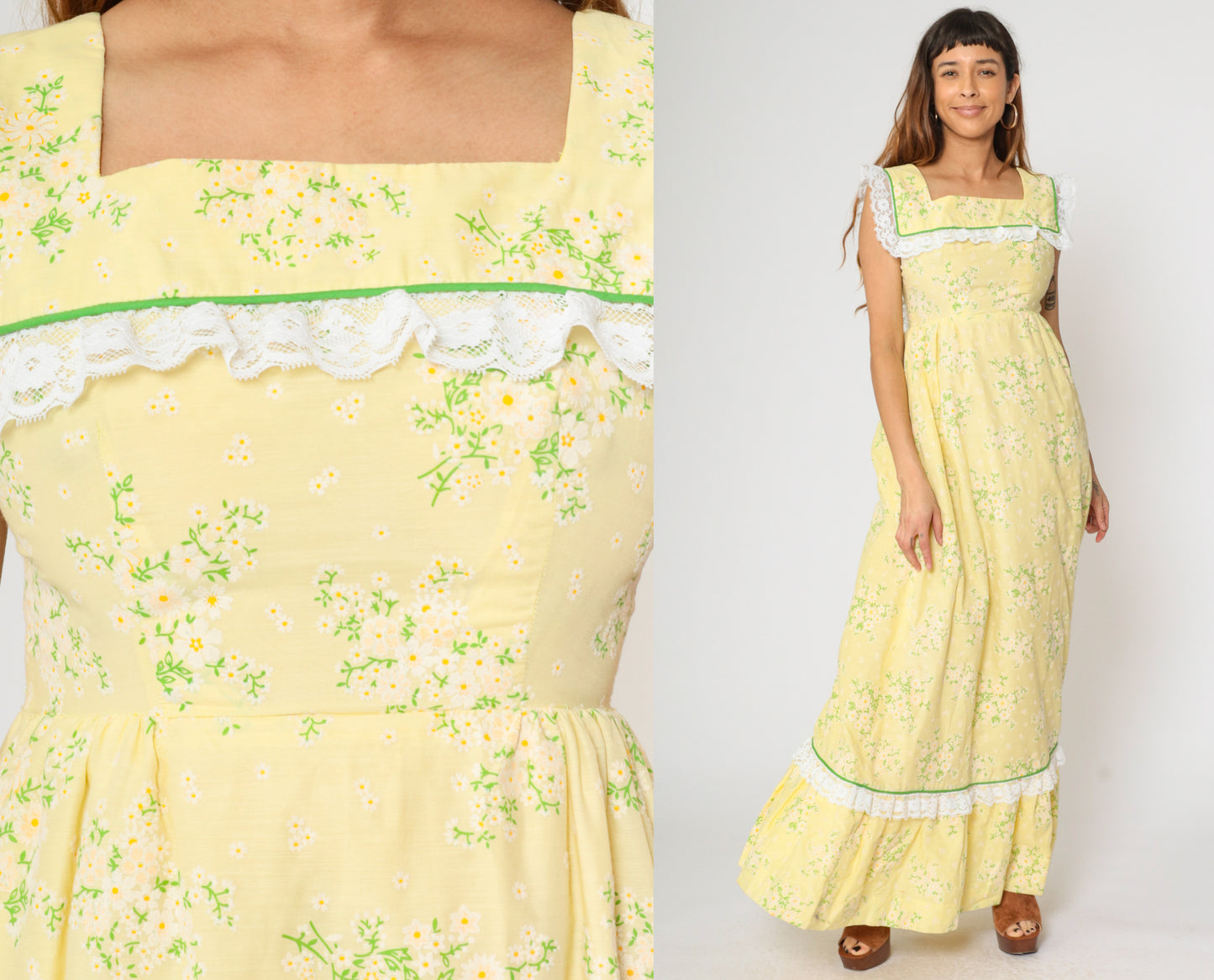 1970s Yellow Floral Prairie Dress with Lace Trim S