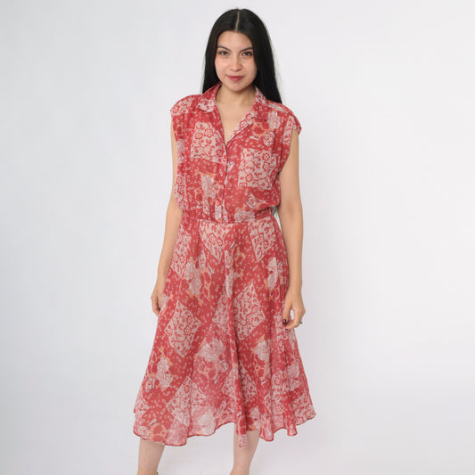 Vintage 70s Red Floral Patchwork Midi Dress S