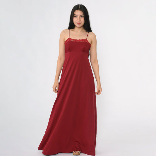 Vintage 70s Wine Red Maxi Party Dress Crochet Trim XS