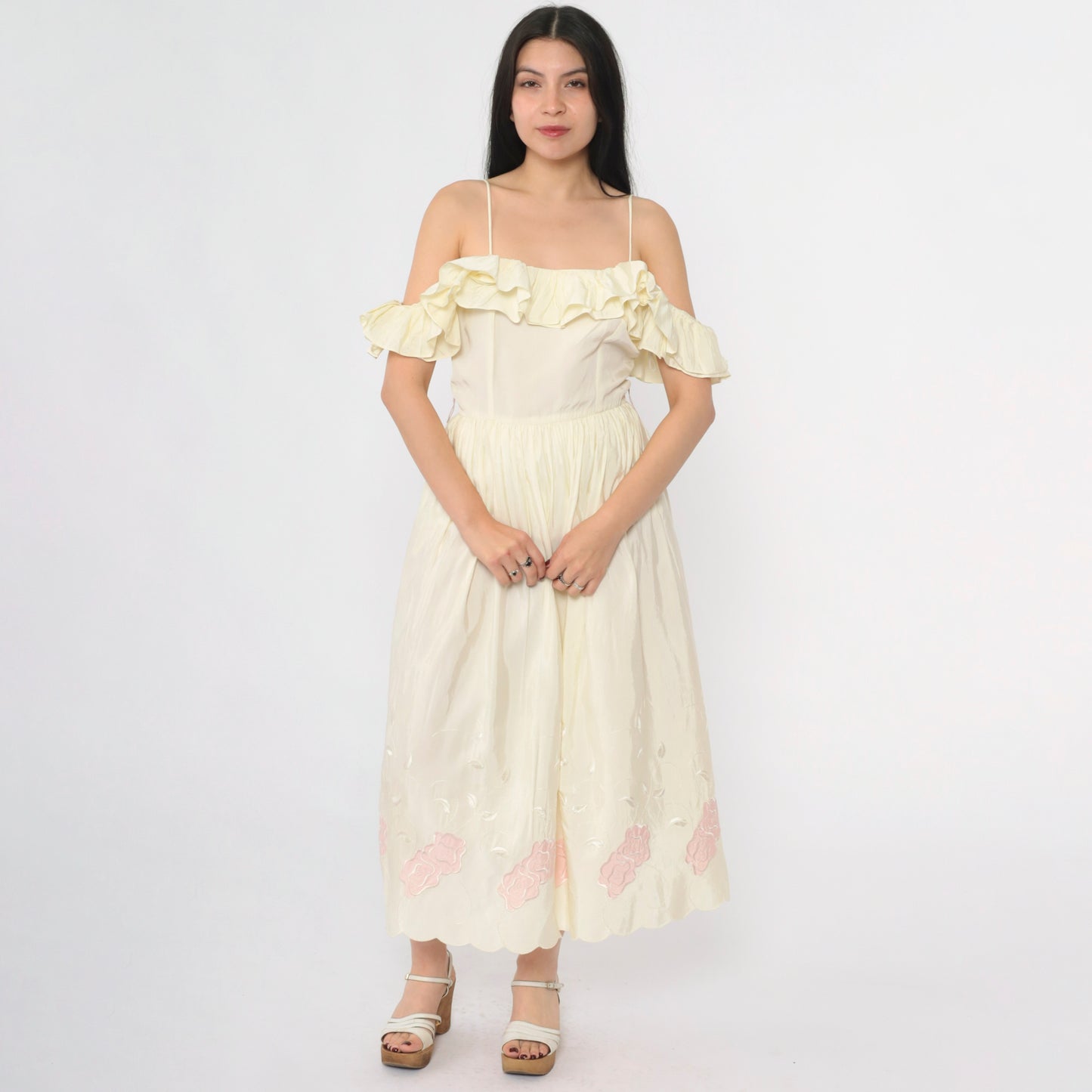 Vintage Off Shoulder Ruffle Party Dress S