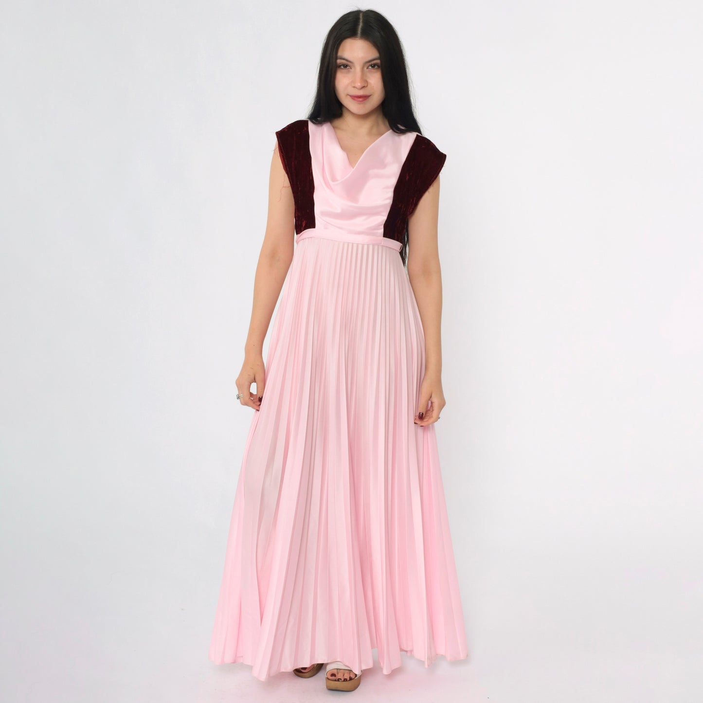 Vintage 70s Pink Velvet Trim Party Dress S